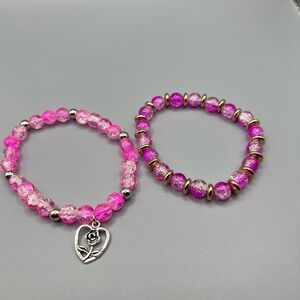 🆕 Pink Beaded Bracelet Set with Heart Charm - Handmade #160